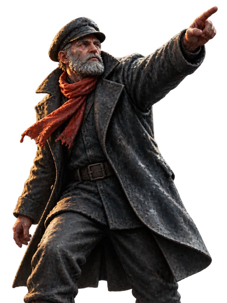Odo Rennick, Tidewarden Lowtide Commune, menunjuk ke atas dengan syal merah