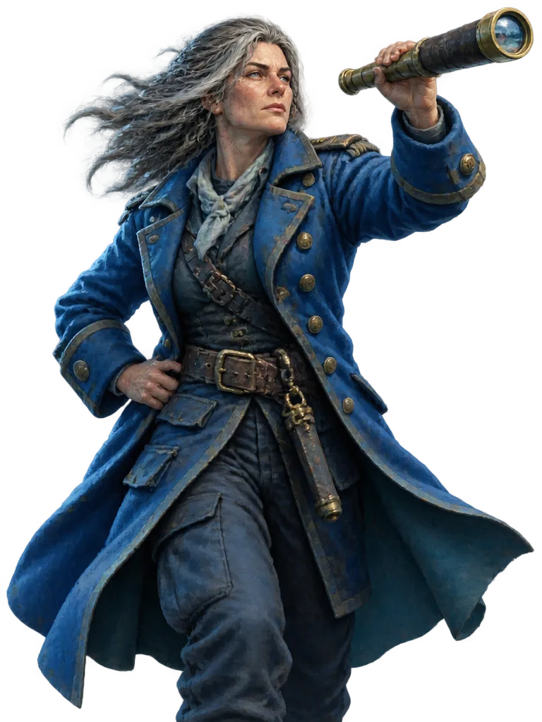 Captain Brannoch Vey dari Mist Fleet, berjas biru kobalt dan mengangkat teropong