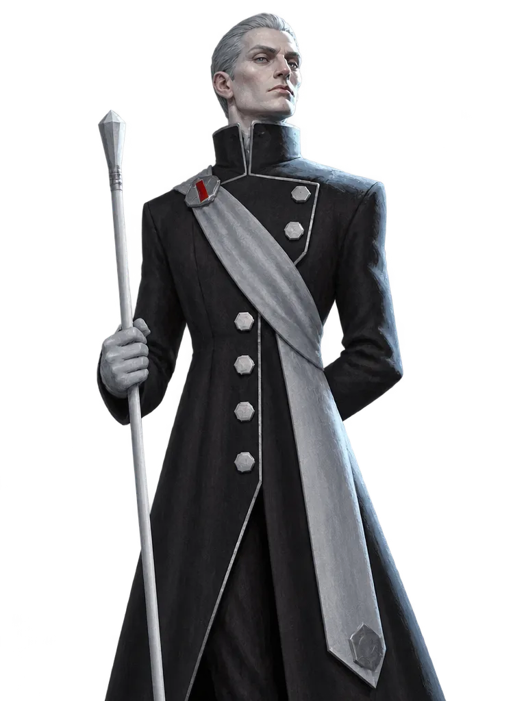 Severin Hale, Warden of the Highest Column, berjas hitam panjang dan memegang tongkat putih
